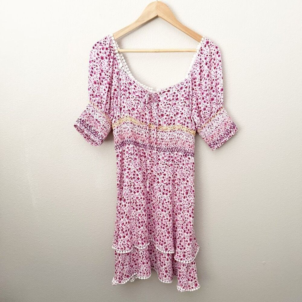 SISTER | Pink White Yellow Trim Puff Off Shoulder Sleeves Smocked Tie | Large